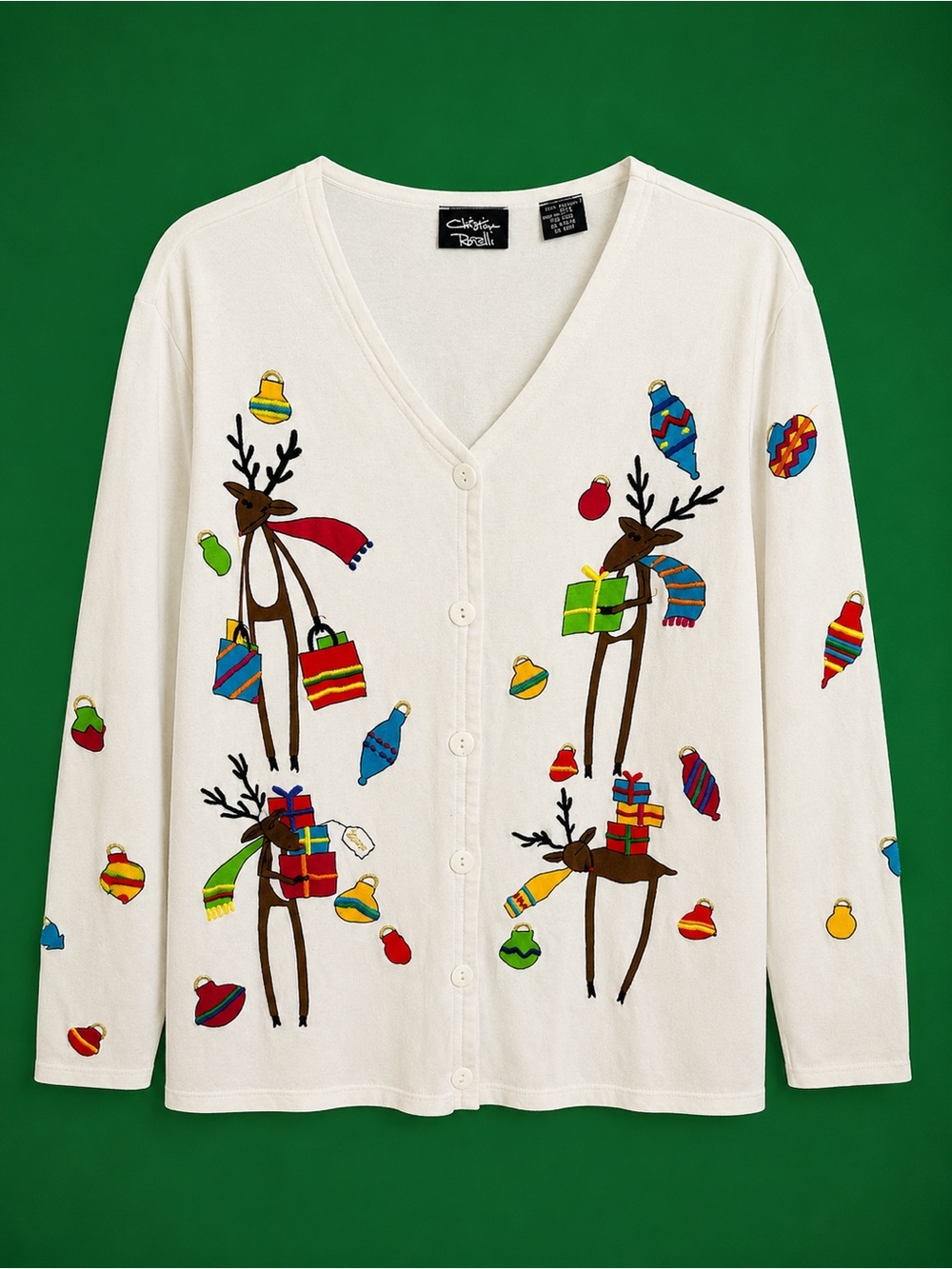 🎄🎁Christina Rotelli Size M Cream Holiday Reindeer Cardigan, Colorful Ornaments